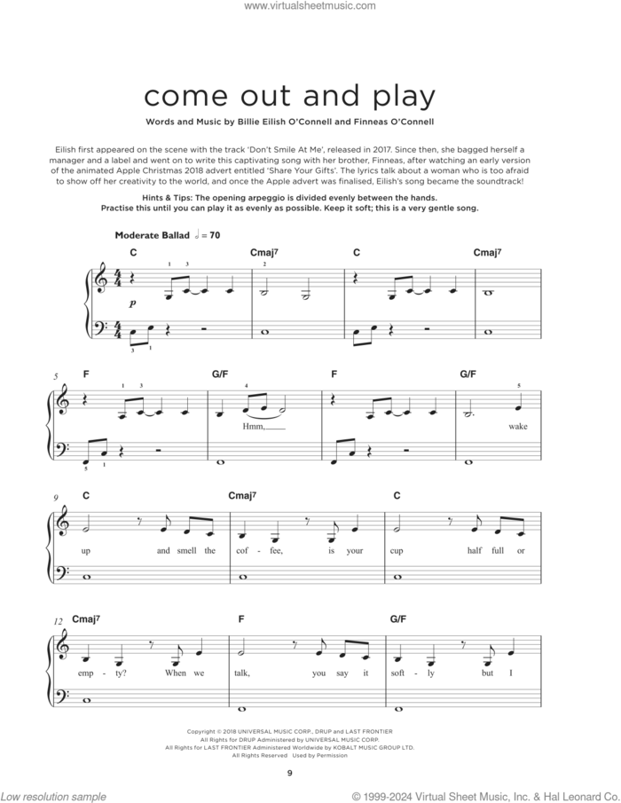 come out and play sheet music for piano solo by Billie Eilish, beginner skill level