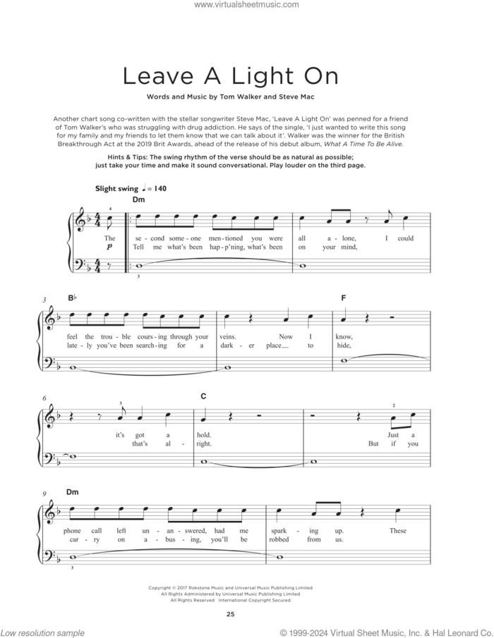 Leave A Light On sheet music for piano solo by Tom Walker and Steve Mac, beginner skill level