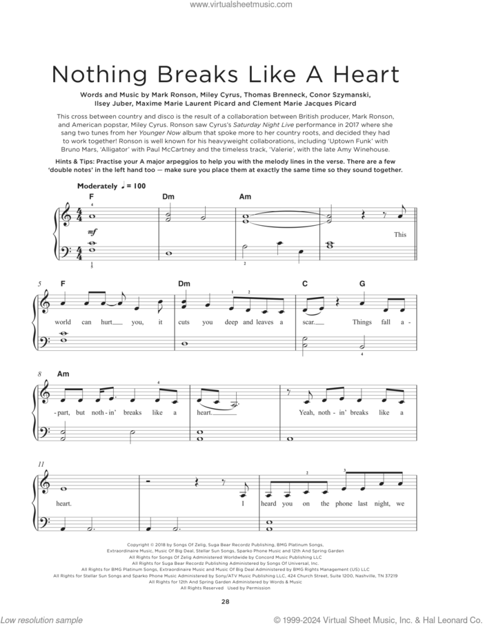 Nothing Breaks Like A Heart (feat. Miley Cyrus), (beginner) sheet music for piano solo by Mark Ronson, Clement Marie Jacques Picard, Conor Szymansk, Ilsey Juber, Maxime Marie Laurent Picard, Miley Cyrus and Thomas Brenneck, beginner skill level