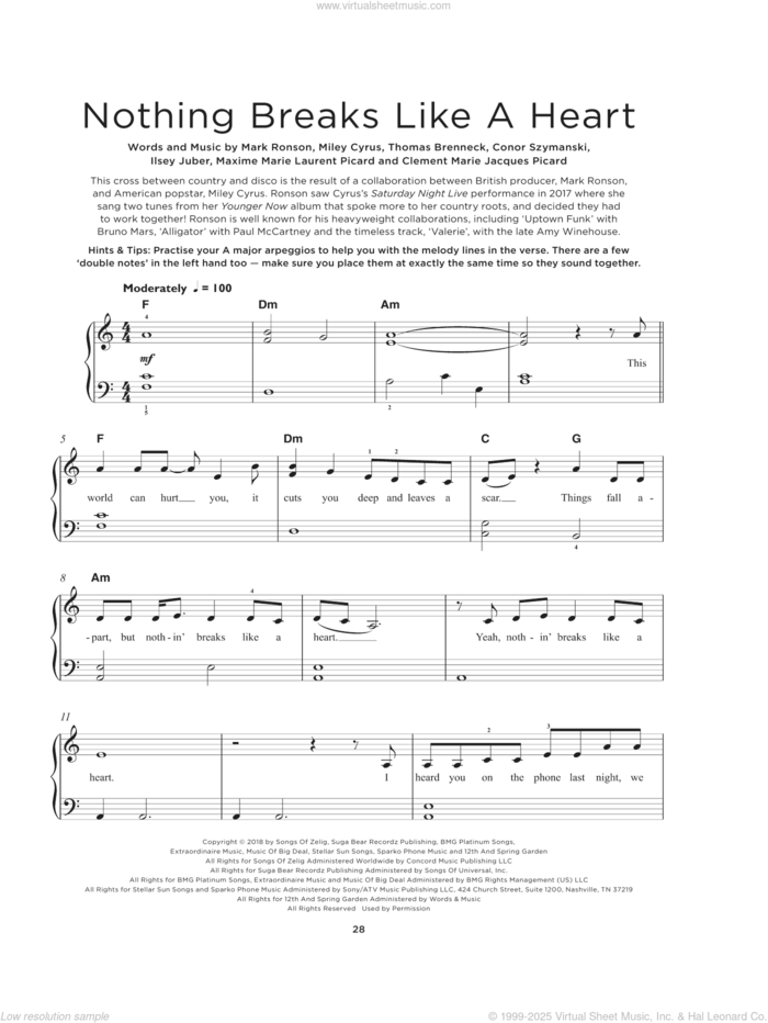 Nothing Breaks Like A Heart (feat. Miley Cyrus), (beginner) sheet music for piano solo by Mark Ronson, Clement Marie Jacques Picard, Conor Szymansk, Ilsey Juber, Maxime Marie Laurent Picard, Miley Cyrus and Thomas Brenneck, beginner skill level