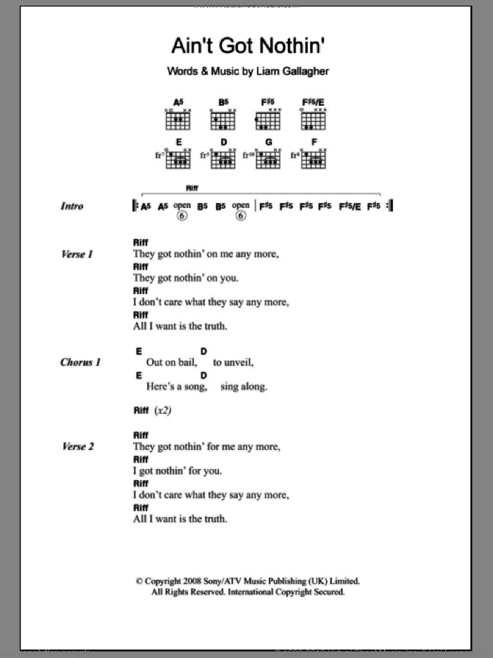 Ain't Got Nothin' sheet music for guitar (chords) by Oasis and Liam Gallagher, intermediate skill level