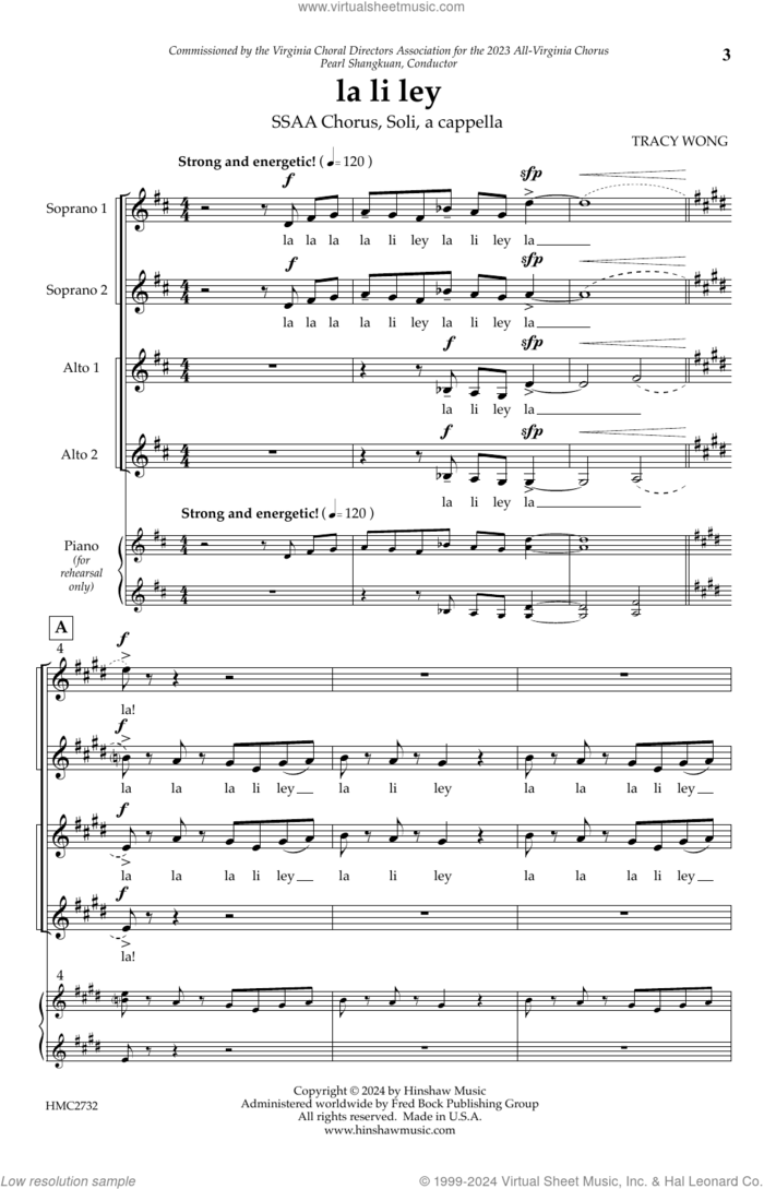 la li ley sheet music for choir (SSAA: soprano, alto) by Tracy Wong, intermediate skill level
