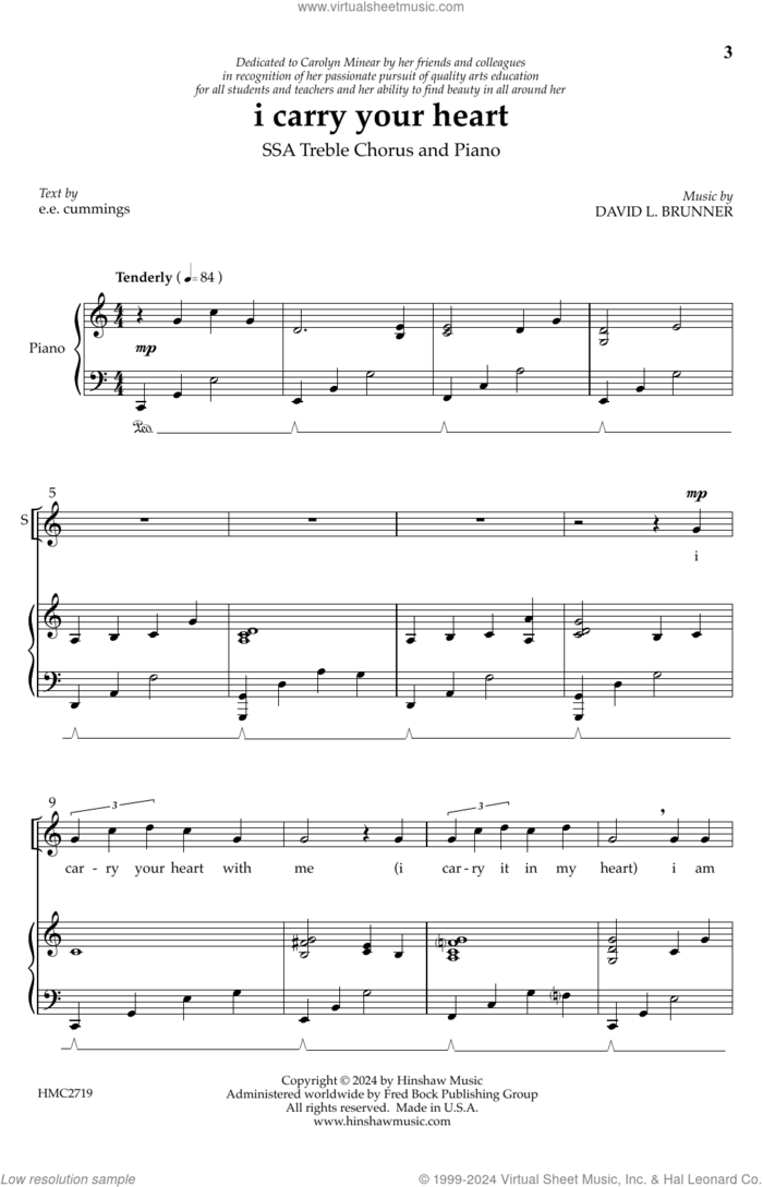 i carry your heart sheet music for choir (SSA: soprano, alto) by David Brunner and e e cummings, intermediate skill level