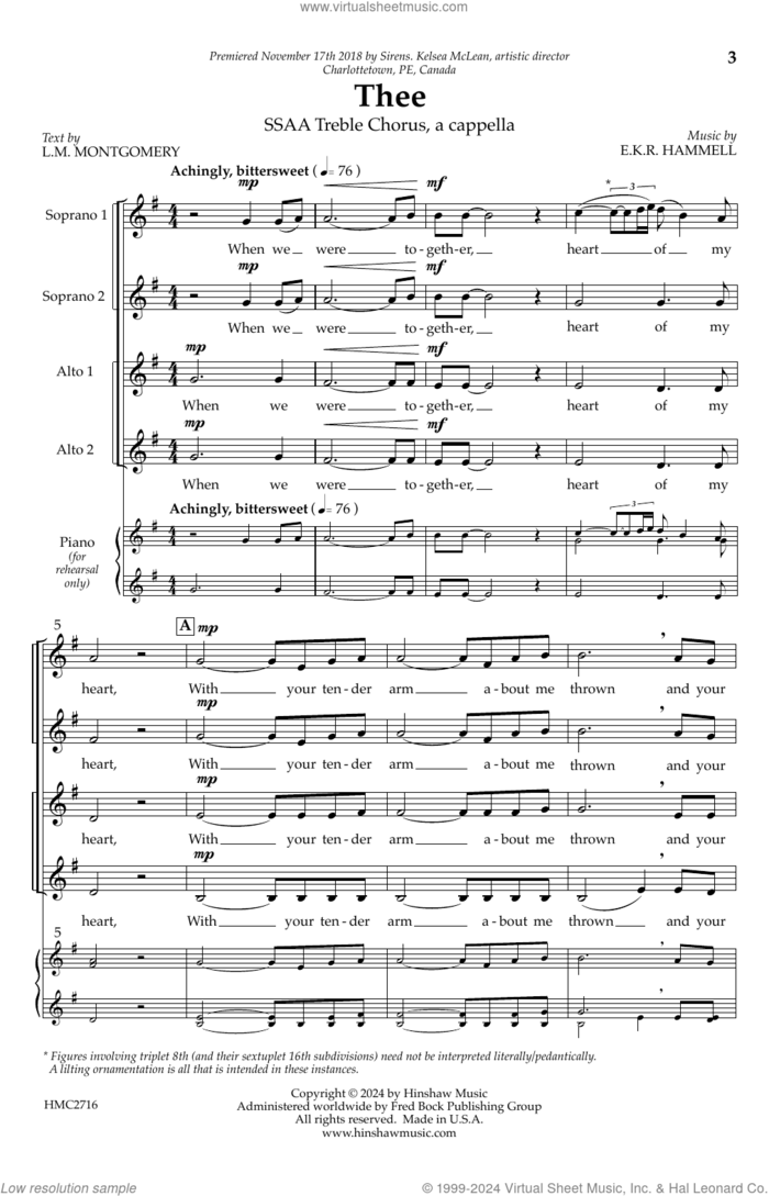 Thee sheet music for choir (SSAA: soprano, alto) by E.K.R. Hammell and L.M. Montgomery, intermediate skill level