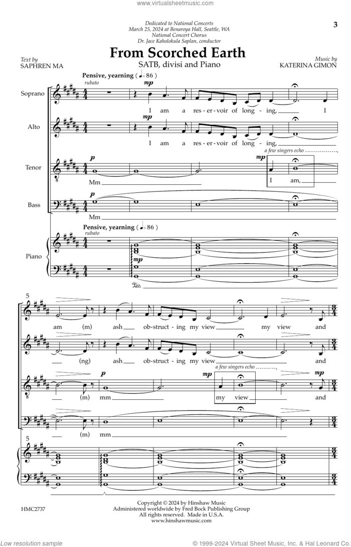 From Scorched Earth sheet music for choir (SATB: soprano, alto, tenor, bass) by Katerina Gimon and Saphren Ma, intermediate skill level