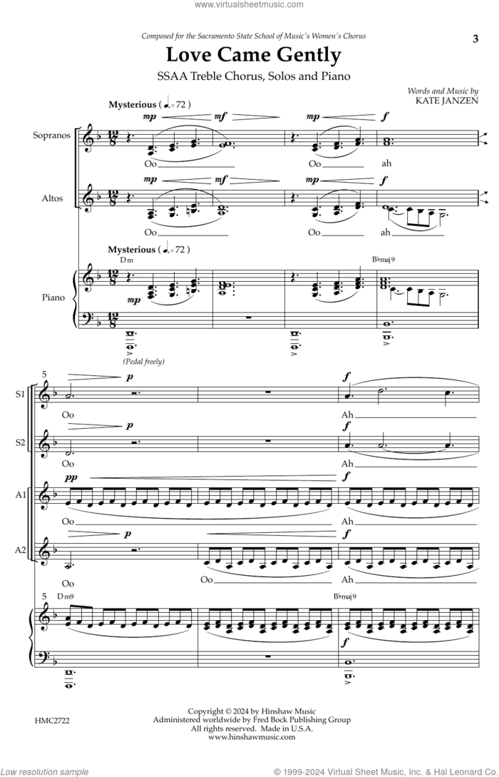 Love Came Gently sheet music for choir (SSAA: soprano, alto) by Kate Janzen, intermediate skill level