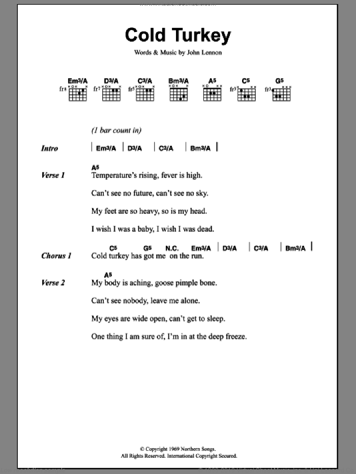 Cold Turkey sheet music for guitar (chords) by John Lennon, intermediate skill level