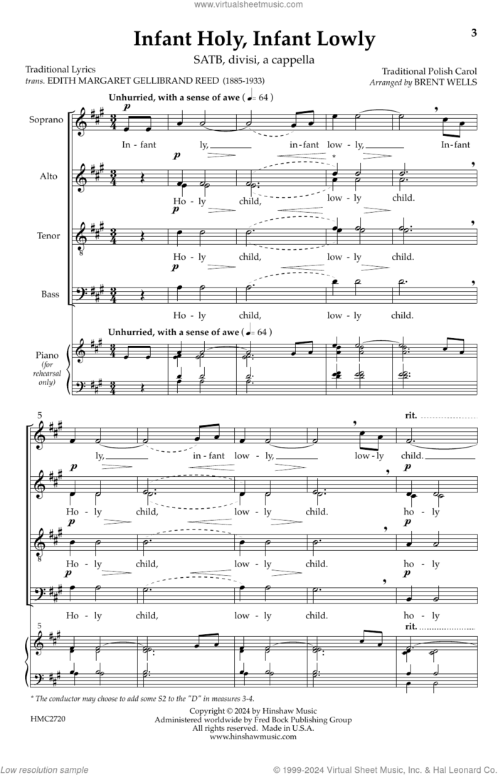 Infant Holy, Infant Lowly sheet music for choir (SATB: soprano, alto, tenor, bass) by Brent Wells, intermediate skill level