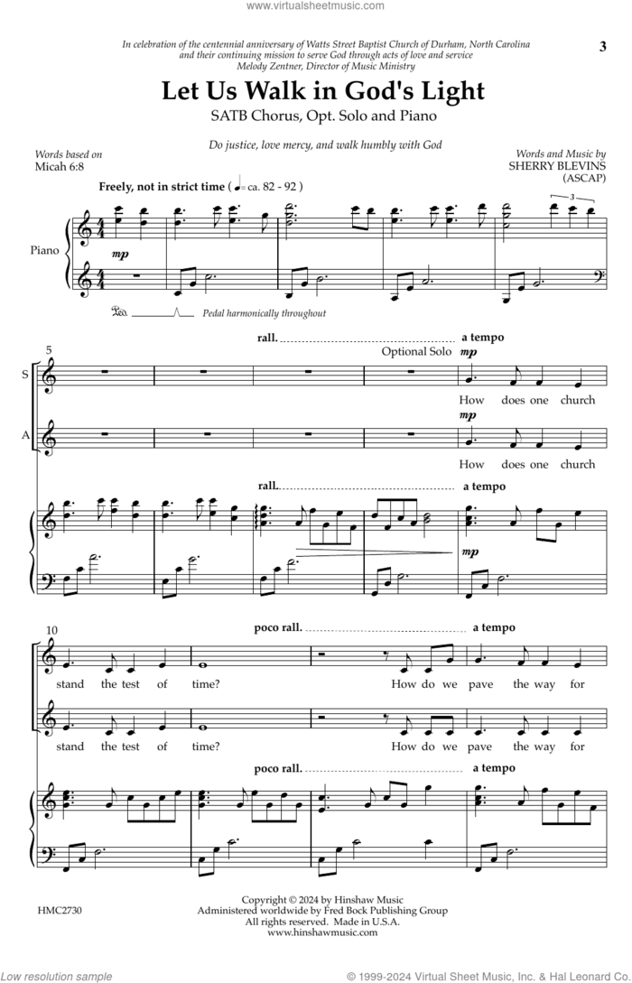 Let Us Walk In God's Light sheet music for choir (SATB: soprano, alto, tenor, bass) by Sherry Blevins and Micah 6:8, intermediate skill level