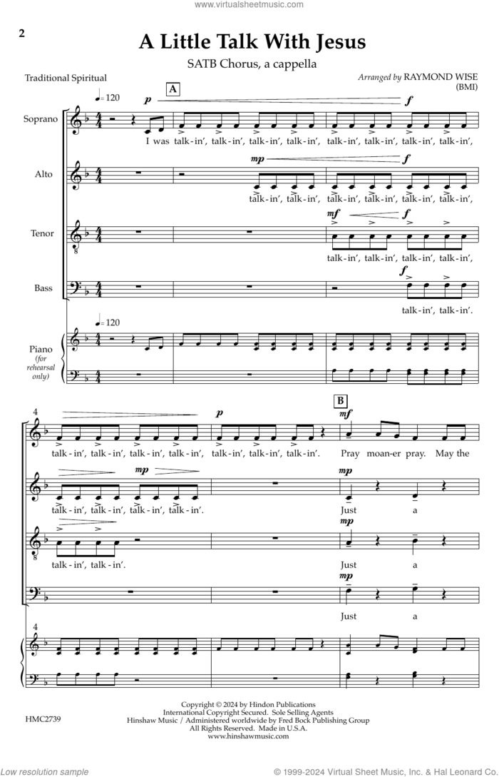 A Little Talk With Jesus sheet music for choir (SATB: soprano, alto, tenor, bass) by Raymond Wise, intermediate skill level