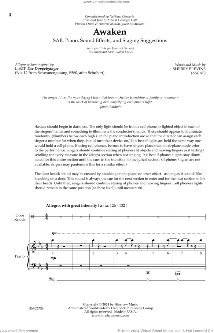 Awaken sheet music for choir (SAB: soprano, alto, bass) by Sherry Blevins, intermediate skill level