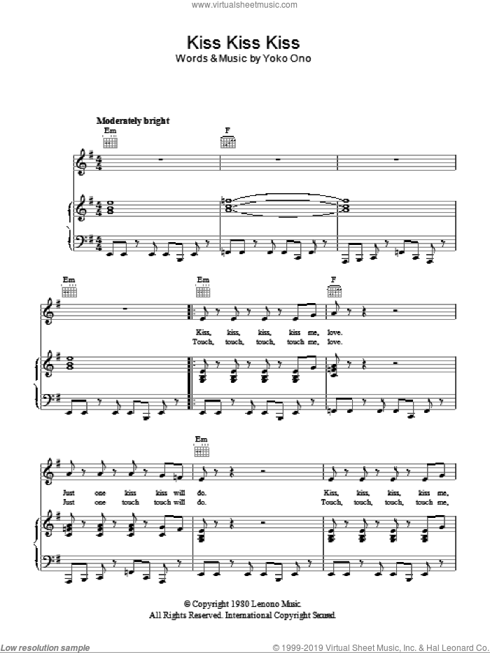 Kiss, Kiss, Kiss sheet music for voice, piano or guitar by Yoko Ono, intermediate skill level