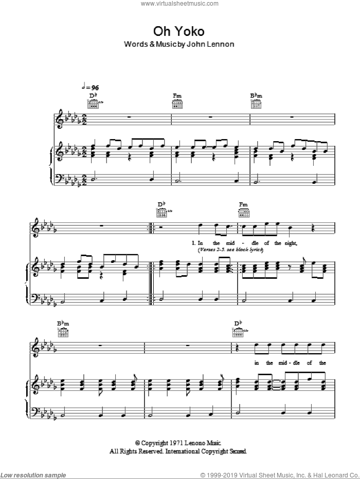Oh Yoko sheet music for voice, piano or guitar by John Lennon, intermediate skill level