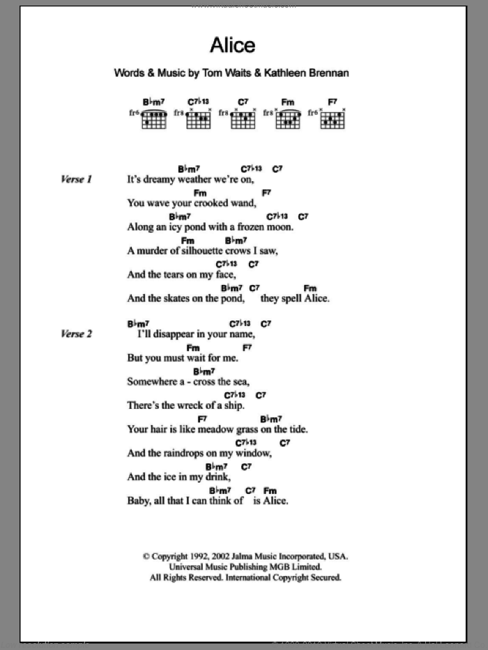 Alice sheet music for guitar (chords) by Tom Waits and Kathleen Brennan, intermediate skill level