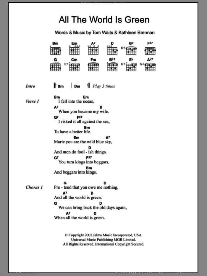 All The World Is Green sheet music for guitar (chords) by Tom Waits and Kathleen Brennan, intermediate skill level