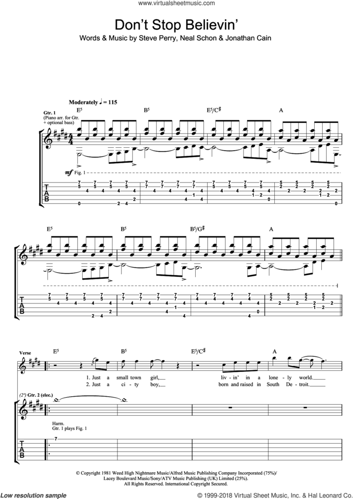 Don't Stop Believin' sheet music for guitar (tablature) by Journey, Glee Cast, Jonathan Cain, Neal Schon and Steve Perry, intermediate skill level