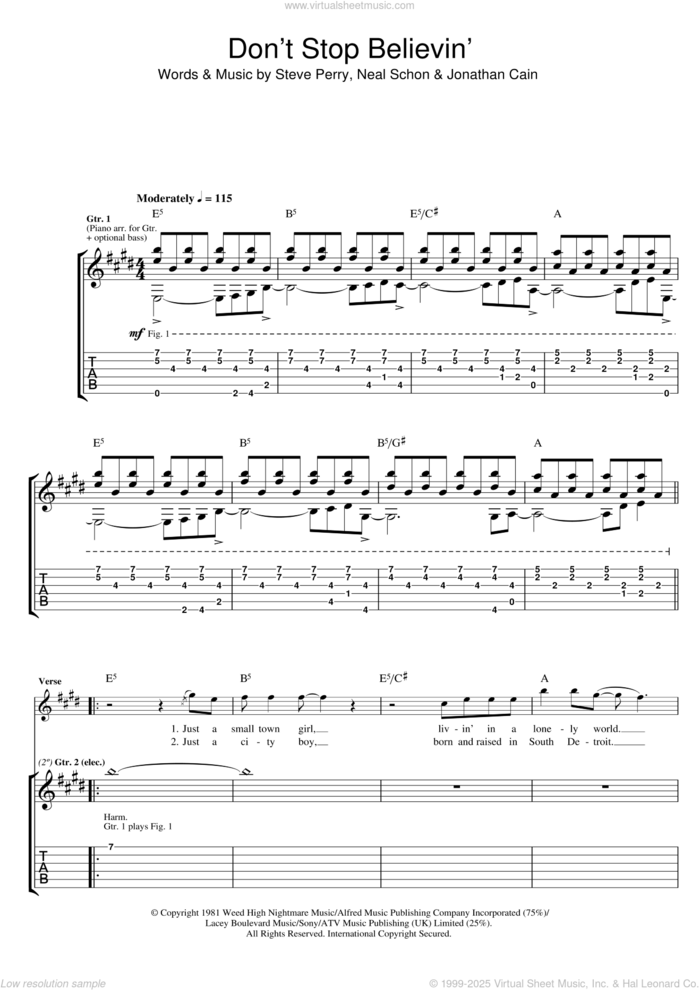 Don't Stop Believin' sheet music for guitar (tablature) by Journey, Glee Cast, Jonathan Cain, Neal Schon and Steve Perry, intermediate skill level