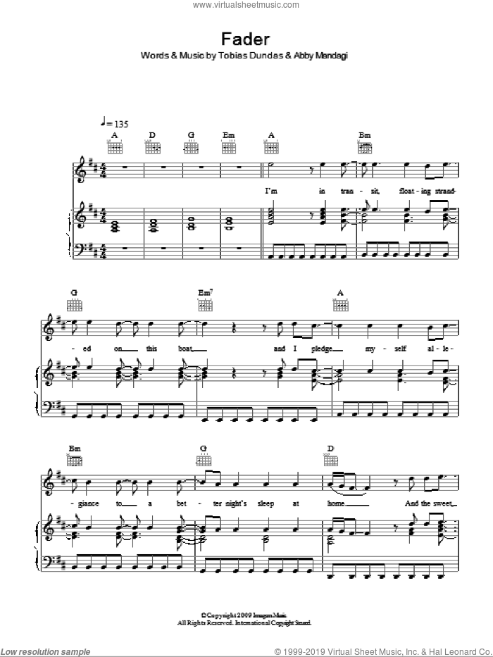 Fader sheet music for voice, piano or guitar by The Temper Trap, Abby Mandagi and Tobias Dundas, intermediate skill level