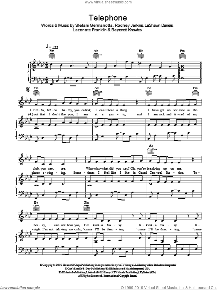 Telephone sheet music for voice, piano or guitar by Lady GaGa featuring Beyonce, Lady GaGa, Beyonce, Lady Gaga, LaShawn Daniels, Lazonate Franklin and Rodney Jerkins, intermediate skill level