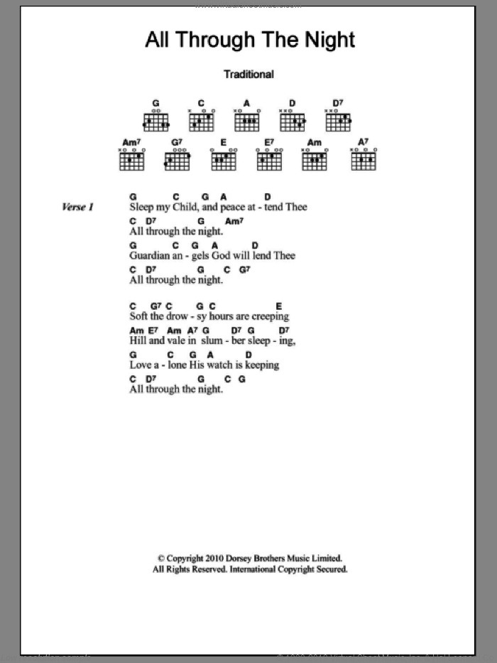 All Through The Night sheet music for guitar (chords), intermediate skill level
