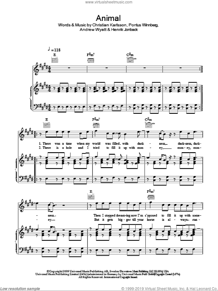 Snow - Animal sheet music for voice, piano or guitar (PDF)