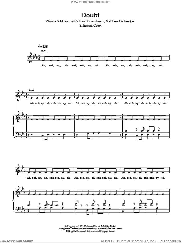 Doubt sheet music for voice, piano or guitar by Delphic, James Cook, Matthew Cocksedge and Richard Boardman, intermediate skill level