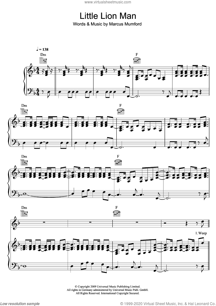 Little Lion Man sheet music for voice, piano or guitar by Mumford & Sons and Marcus Mumford, intermediate skill level