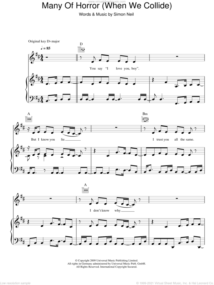 Many Of Horror (When We Collide) sheet music for voice, piano or guitar by Biffy Clyro and Simon Neil, intermediate skill level