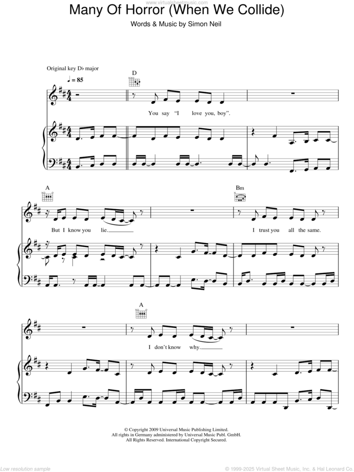 Many Of Horror (When We Collide) sheet music for voice, piano or guitar by Biffy Clyro and Simon Neil, intermediate skill level