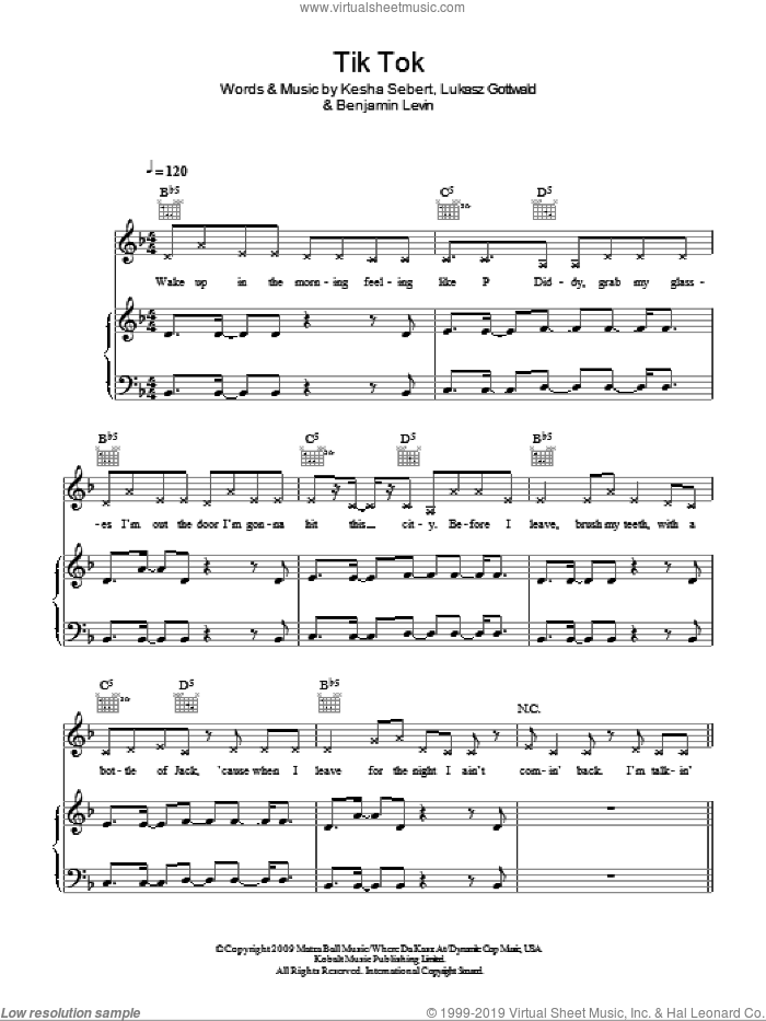 Tik Tok sheet music for voice, piano or guitar by Kesha, Benjamin Levin, Kesha Sebert and Lukasz Gottwald, intermediate skill level