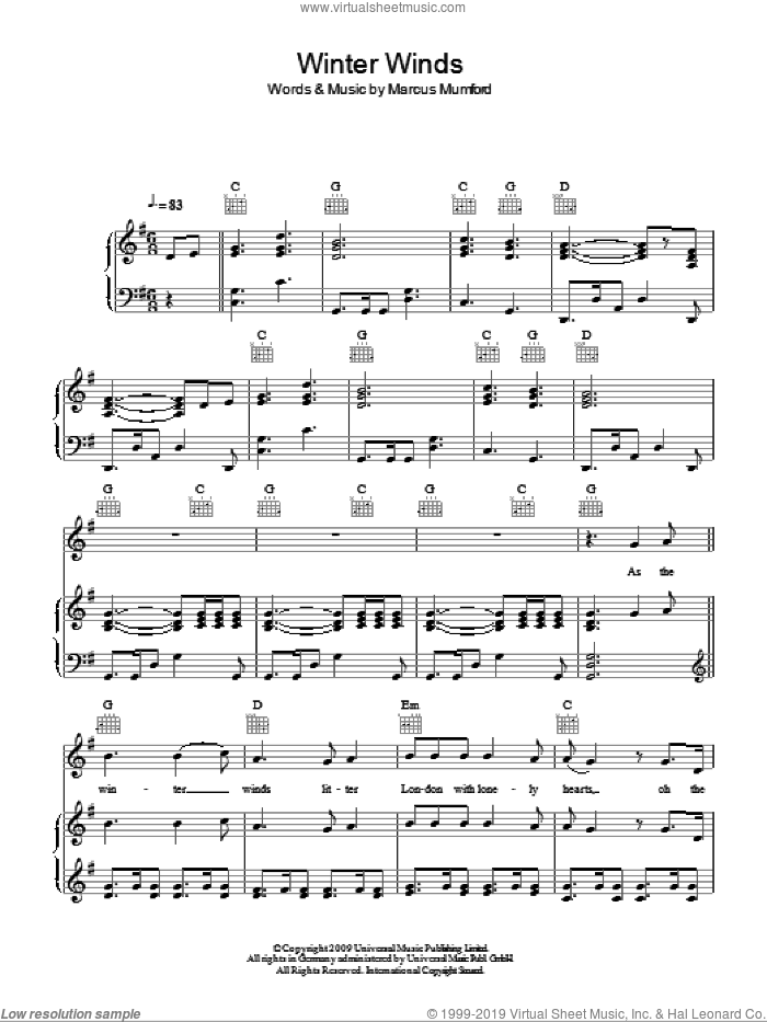 Winter Winds sheet music for voice, piano or guitar by Mumford & Sons and Marcus Mumford, intermediate skill level