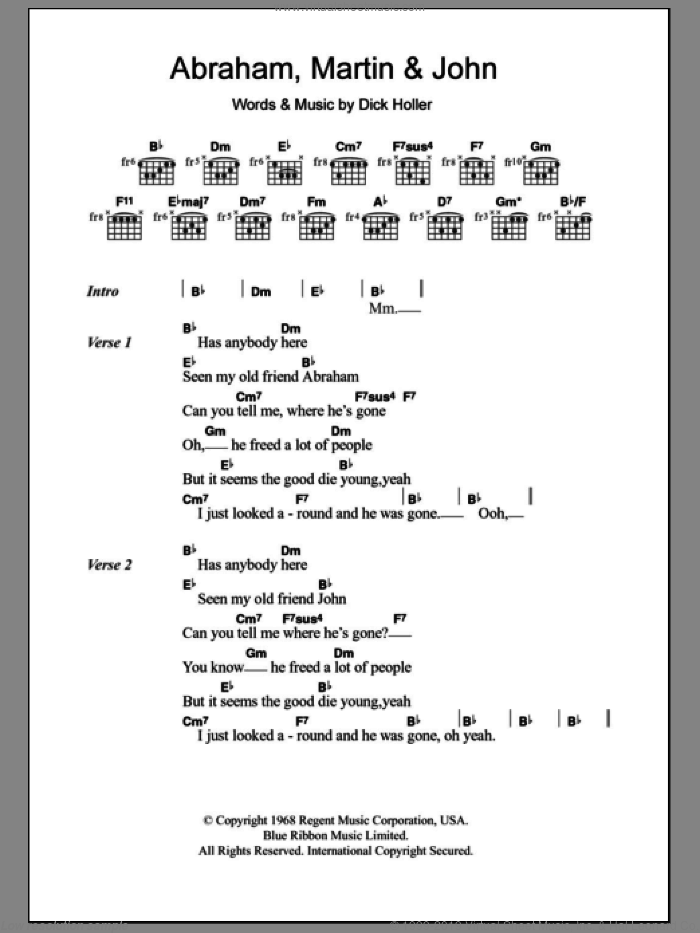 Abraham, Martin And John sheet music for guitar (chords) by Marvin Gaye and Dick Holler, intermediate skill level
