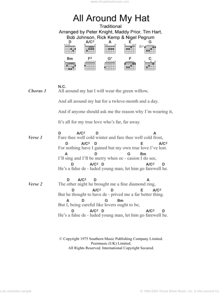 All Around My Hat sheet music for guitar (chords) by Steeleye Span, Bob Johnson, Maddy Prior, Nigel Pegrum, Peter Knight, Rick Kemp, Tim Hart and Miscellaneous, intermediate skill level