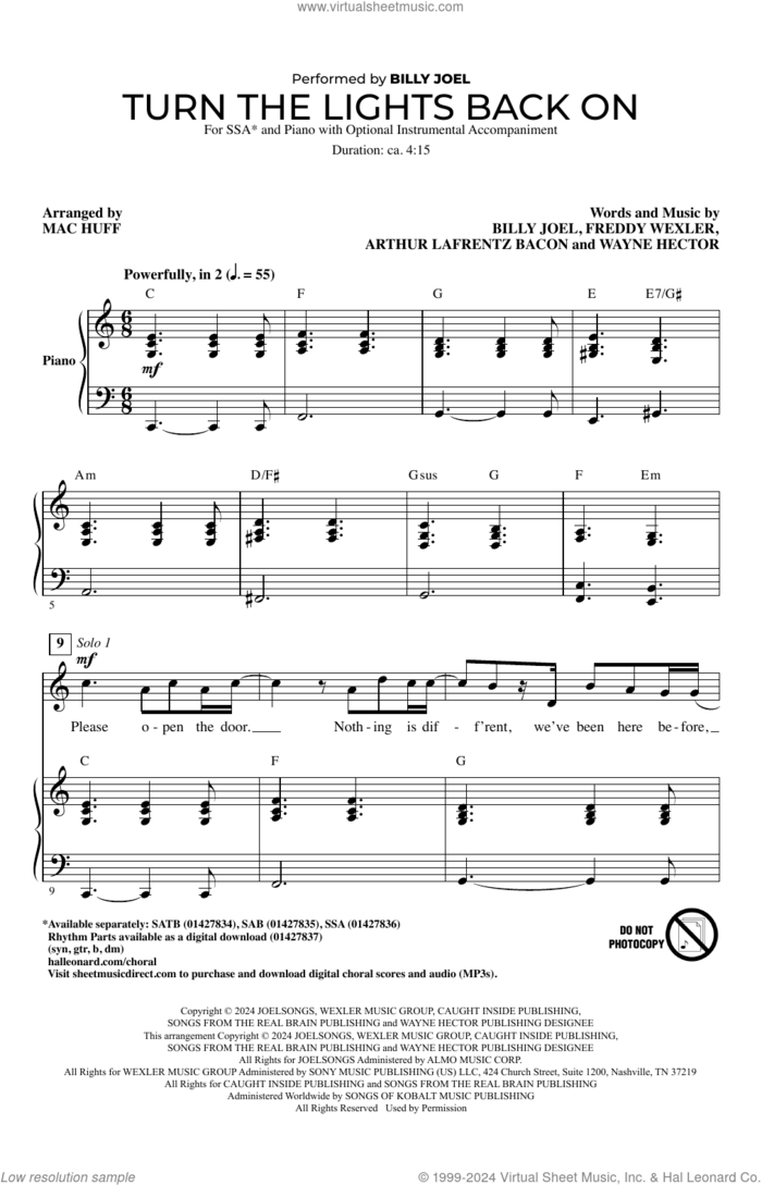 Turn The Lights Back On (arr. Mac Huff) sheet music for choir (SSA: soprano, alto) by Billy Joel, Mac Huff, Arthur Lafrentz Bacon, Freddy Wexler and Wayne Hector, intermediate skill level