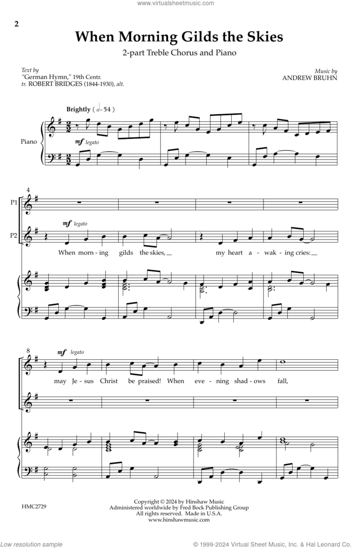 When Morning Gilds the Skies sheet music for choir (2-Part) by Andrew Bruhn, intermediate duet