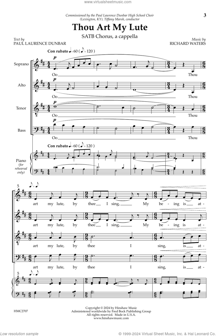Thou Art My Lute sheet music for choir (SATB: soprano, alto, tenor, bass) by Richard Waters and Paul Laurence Dunbar, intermediate skill level