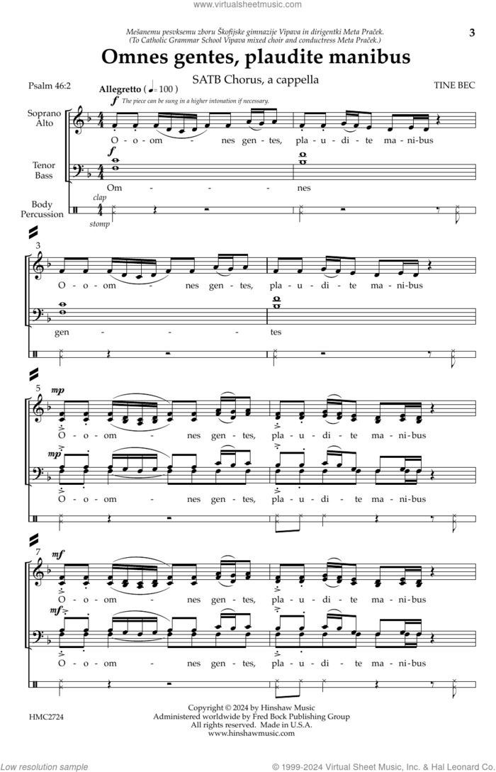 Omnes Gentes, Plaudite Manibus sheet music for choir (SATB: soprano, alto, tenor, bass) by Tine Bec and Psalm 46:2, intermediate skill level