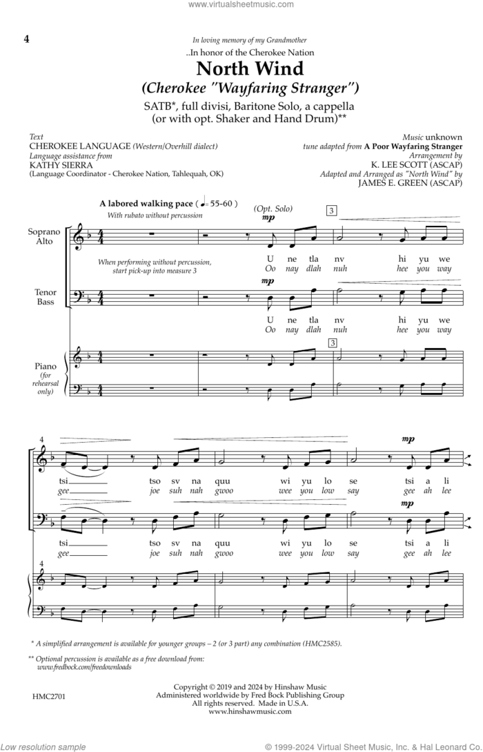North Wind (Cherokee 'Wayfaring Stranger') sheet music for choir (SATB: soprano, alto, tenor, bass) by James E. Green, intermediate skill level