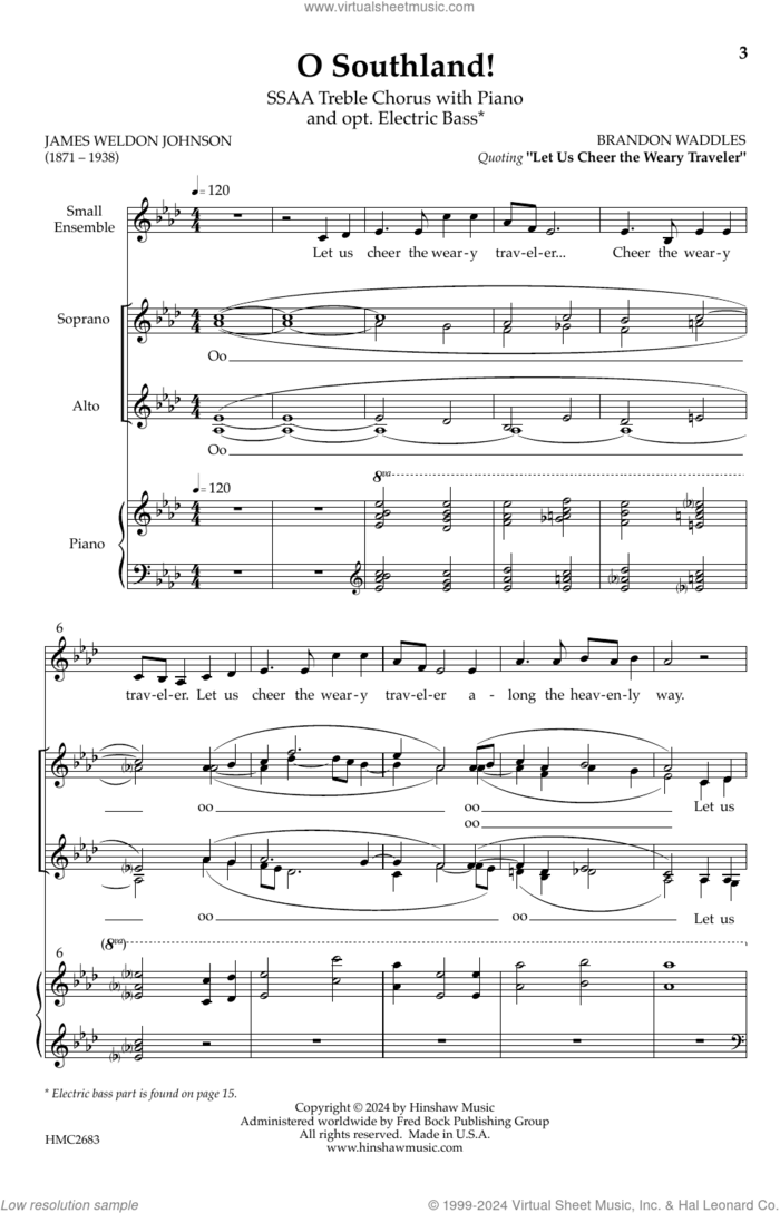 O Southland sheet music for choir (SSAA: soprano, alto) by Brandon Waddles and James Weldon Johnson, intermediate skill level