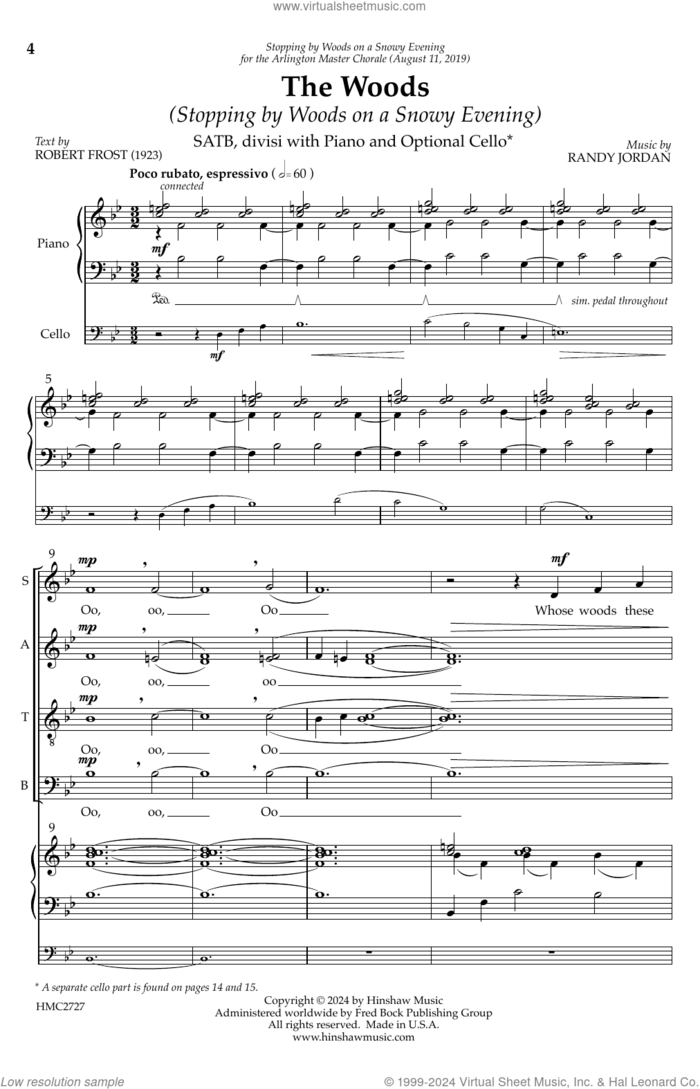 The Woods (Stopping By Woods On A Snowy Evening) sheet music for choir (SATB: soprano, alto, tenor, bass) by Randy Jordan and Robert Frost, intermediate skill level