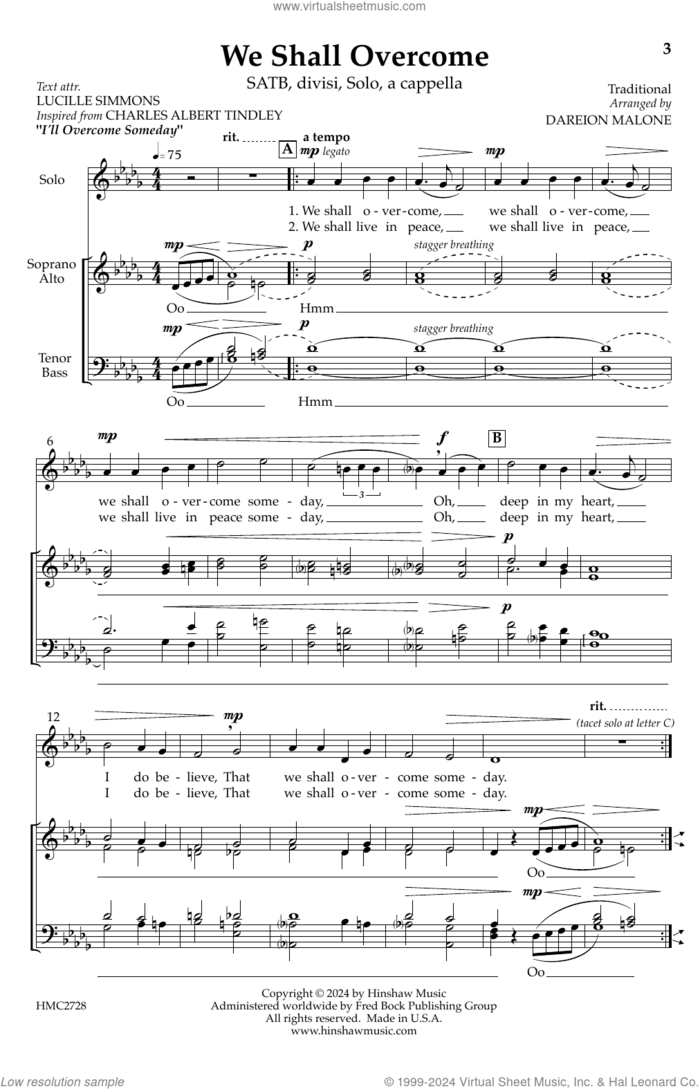 We Shall Overcome sheet music for choir (SATB: soprano, alto, tenor, bass) by Dareion Malone, intermediate skill level