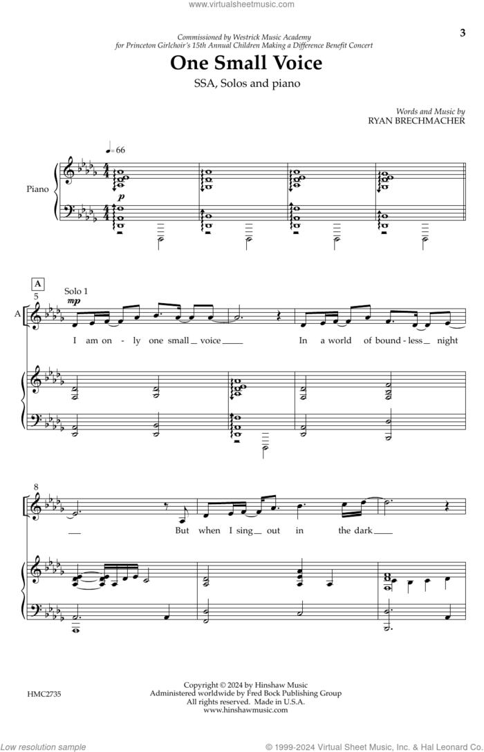 One Small Voice sheet music for choir (SSA: soprano, alto) by Ryan Brechmacher, intermediate skill level
