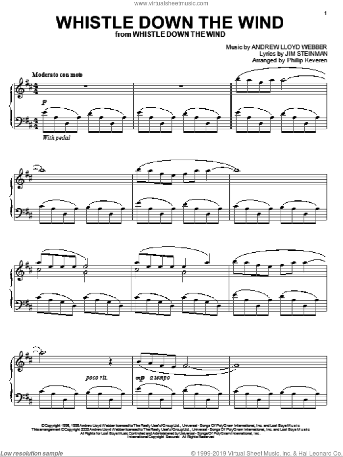 Whistle Down The Wind (arr. Phillip Keveren) sheet music for piano solo by Andrew Lloyd Webber, Phillip Keveren, Whistle Down The Wind (Musical) and Jim Steinman, intermediate skill level