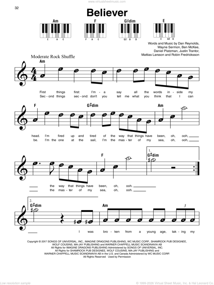 Believer sheet music for piano solo by Imagine Dragons, Ben McKee, Dan Reynolds, Daniel Platzman, Justin Tranter, Mattias Larsson, Robin Fredriksson and Wayne Sermon, beginner skill level