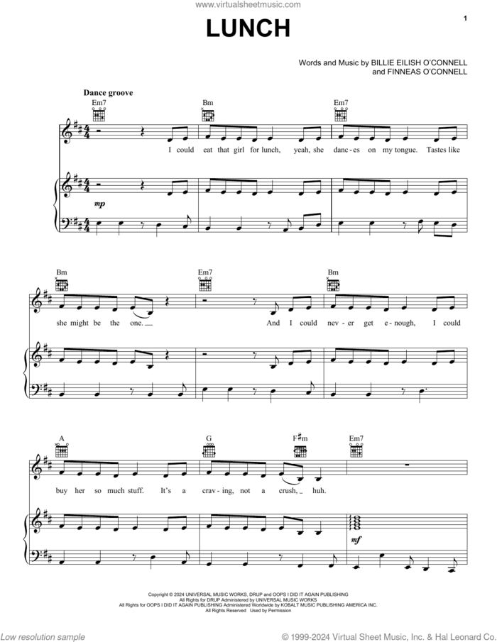 LUNCH sheet music for voice, piano or guitar by Billie Eilish, intermediate skill level