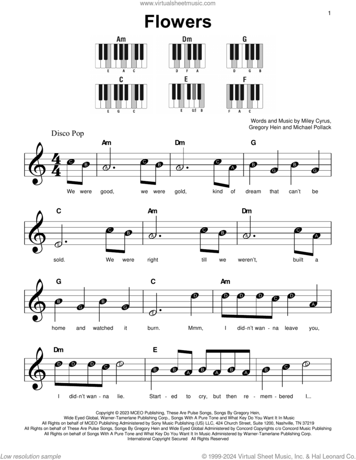 Flowers sheet music for piano solo by Miley Cyrus, Gregory Hein and Michael Pollack, beginner skill level