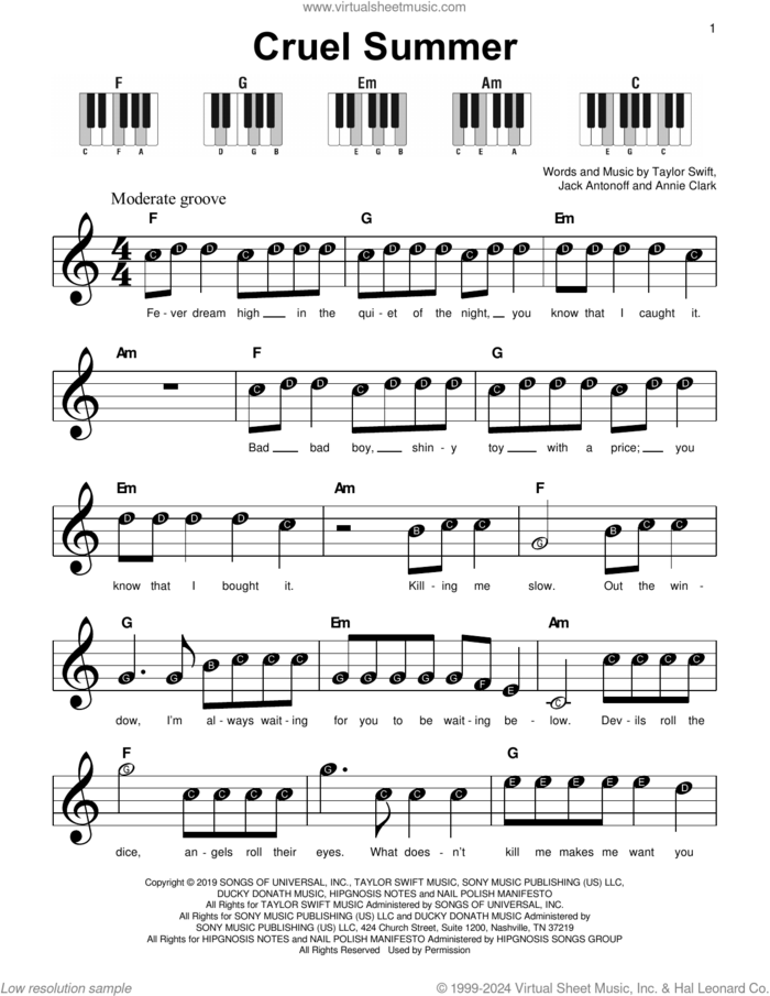 Cruel Summer, (beginner) sheet music for piano solo by Taylor Swift, Annie Clark and Jack Antonoff, beginner skill level