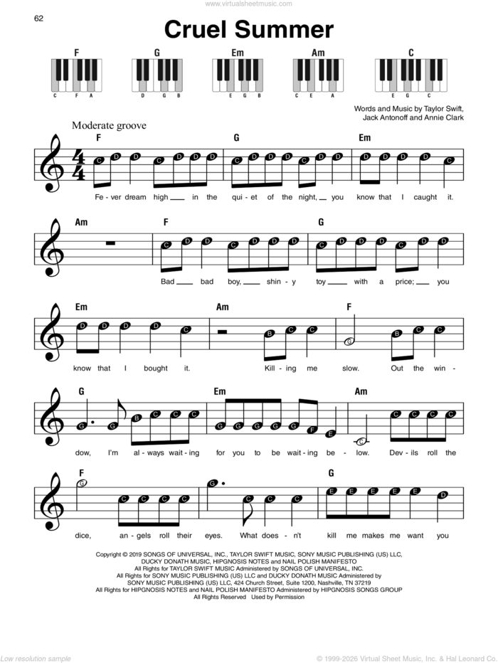 Cruel Summer sheet music for piano solo by Taylor Swift, Annie Clark and Jack Antonoff, beginner skill level