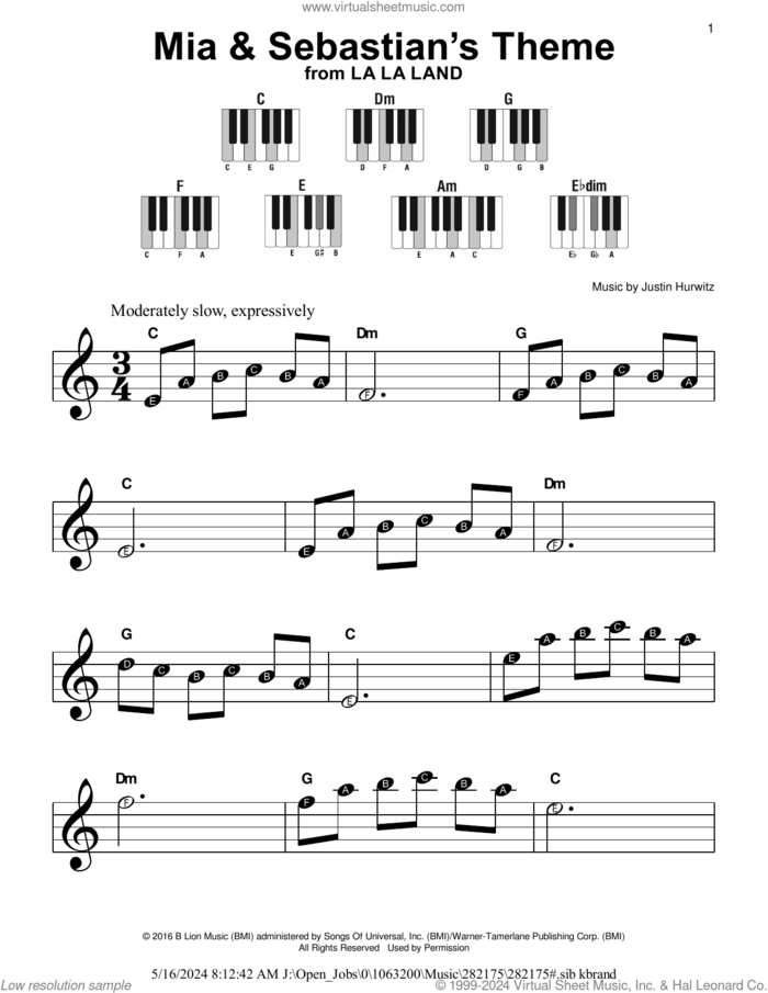 Mia and Sebastian's Theme (from La La Land) sheet music for piano solo by Justin Hurwitz, beginner skill level