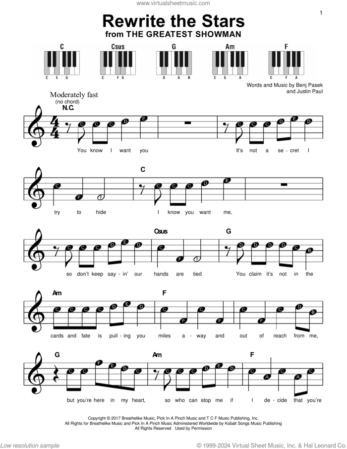Rewrite The Stars (from The Greatest Showman), (beginner) sheet music for piano solo by Pasek & Paul, Zac Efron & Zendaya, Benj Pasek and Justin Paul, beginner skill level